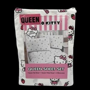 Hello Kitty Queen Sheet Set 100% Cotton Bedding 4 Piece Set Milkshake Strawberry